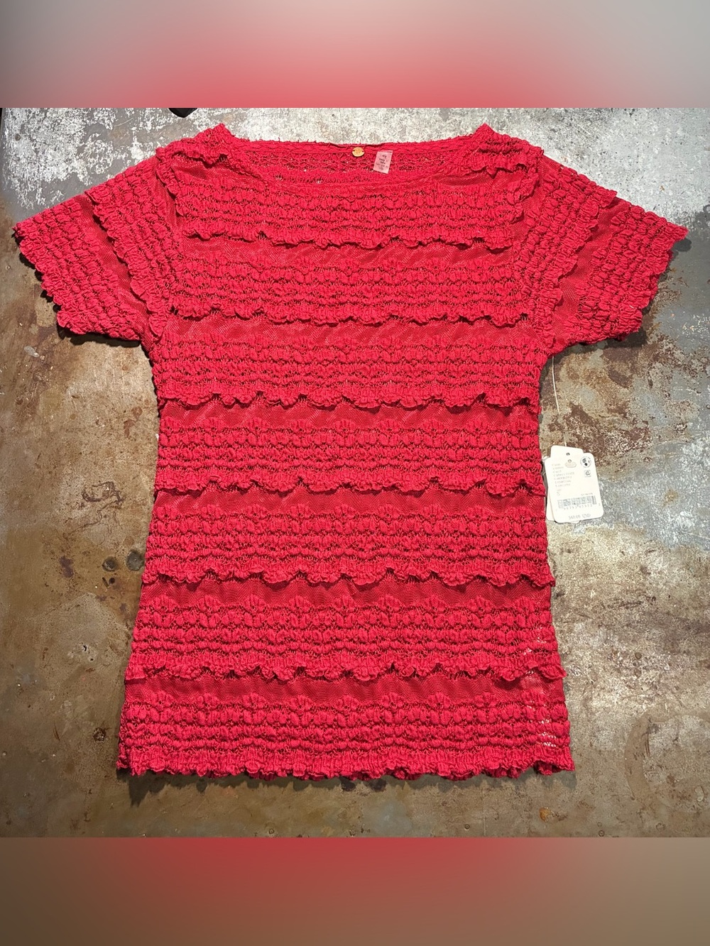 NWT free people top, Textured Red Short Sleeve Knit Top, lace